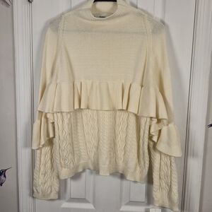 Project Naadam Chunky Cable Knit Ruffle Sweater Ivory Mock Neck Size L